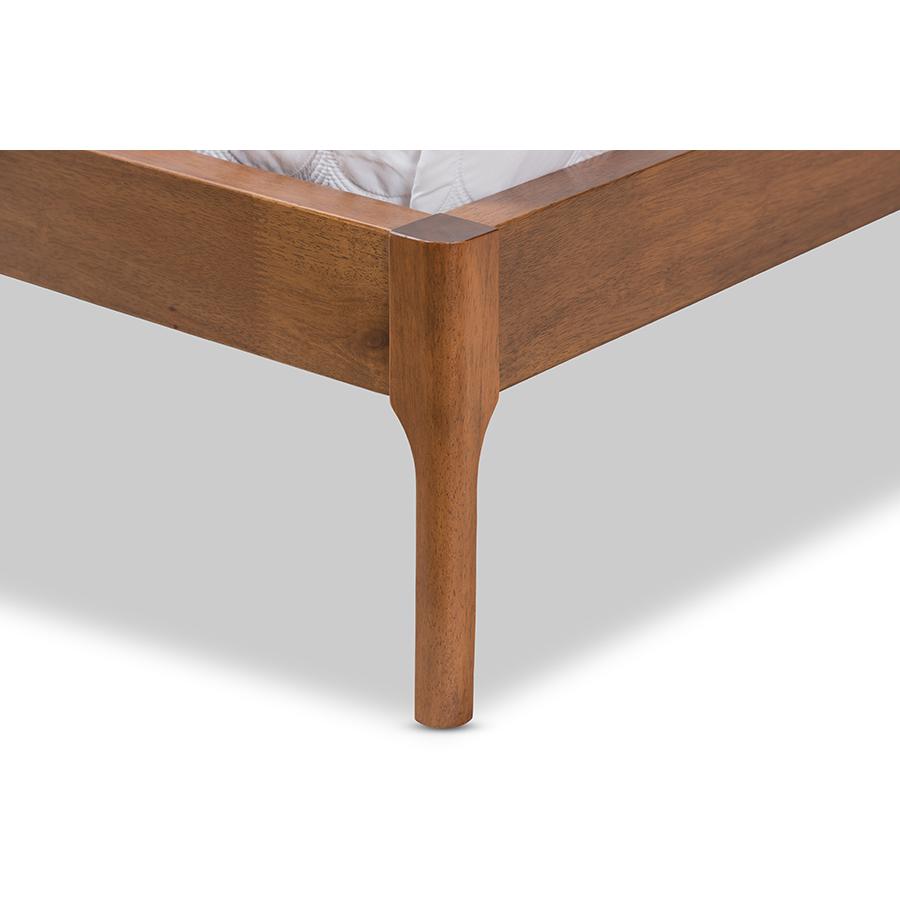 King Size Bed with Walnut Finish and Beige Fabric Upholstery, Mid-Century Style