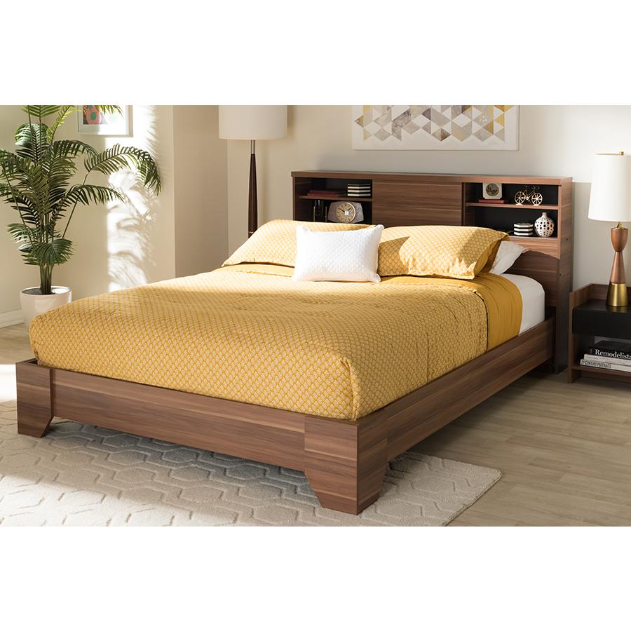 Vanda Modern and Contemporary Two-Tone Walnut and Black Wood Queen Size Platform Bed