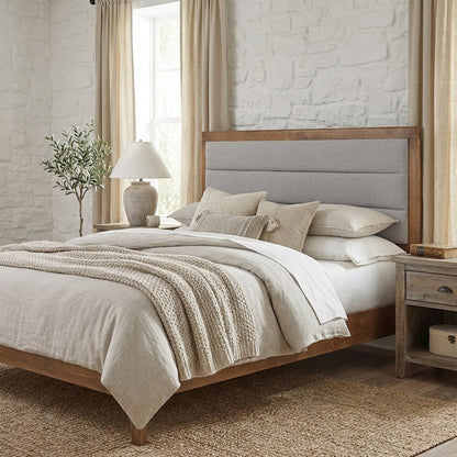 Walnut Brown Wood Queen Headboard with Channel Tufted Fabric Foam Upholstery