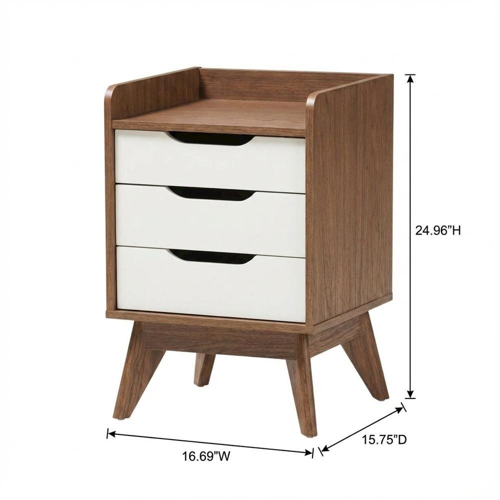 Mid-Century Modern Nightstand in White and Walnut Wood with Storage Drawers
