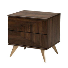 Walnut Brown Finished Wood Nightstand with 2 Drawers and Mid-Century Style
