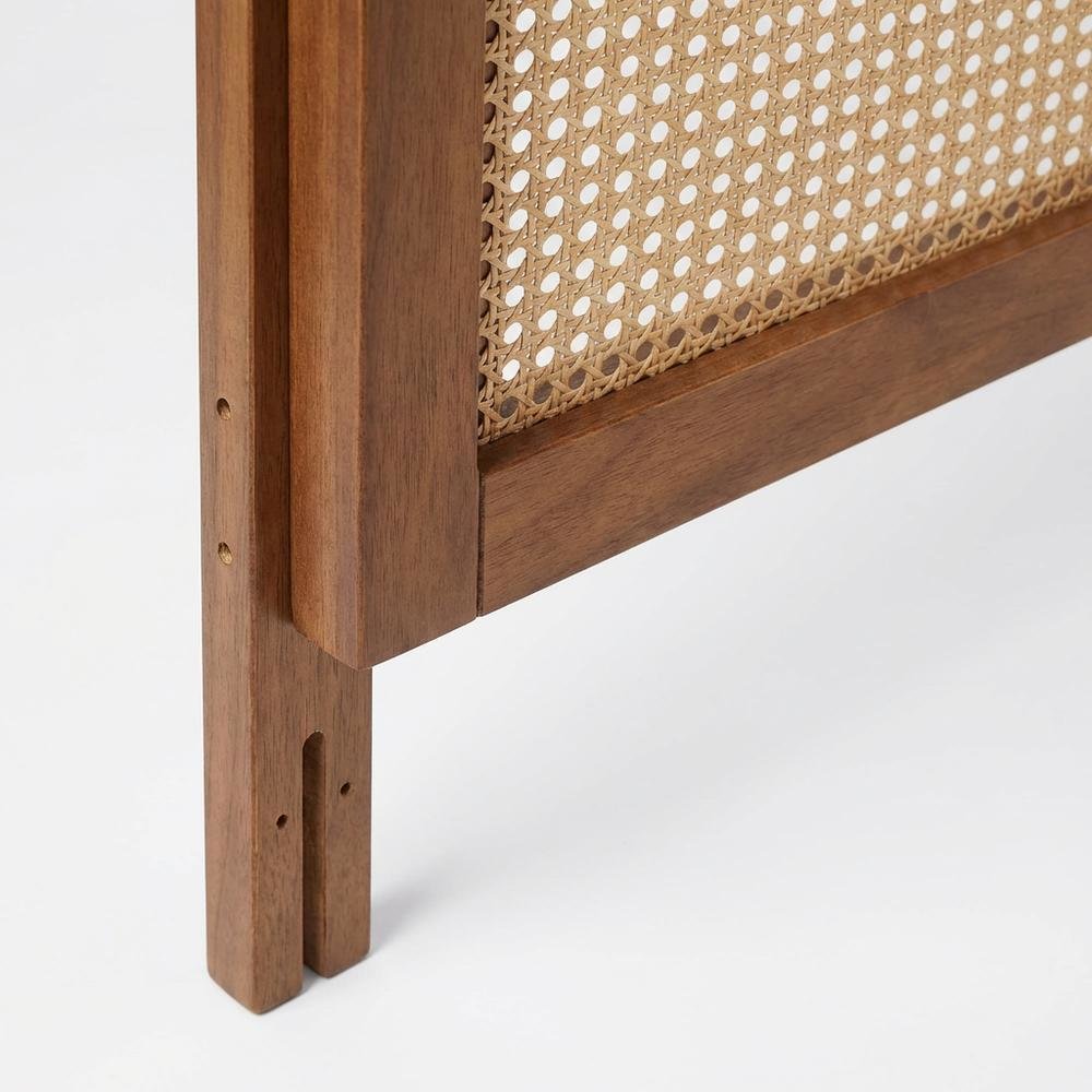 Rubber Wood Headboard in Ash Walnut Finish with Synthetic Rattan Panel