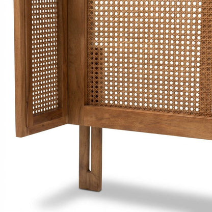 Brown Rubber Wood King Size Headboard with Synthetic Rattan Wrap-Around Design