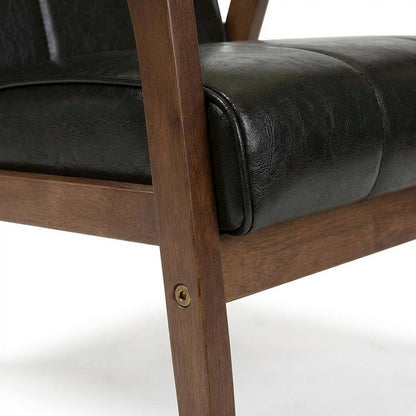 Black Faux Leather Scandinavian Lounge Chair with Wooden Frame