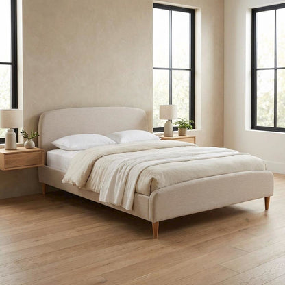 Light Beige Fabric Upholstered Queen Platform Bed with Mid-Century Style
