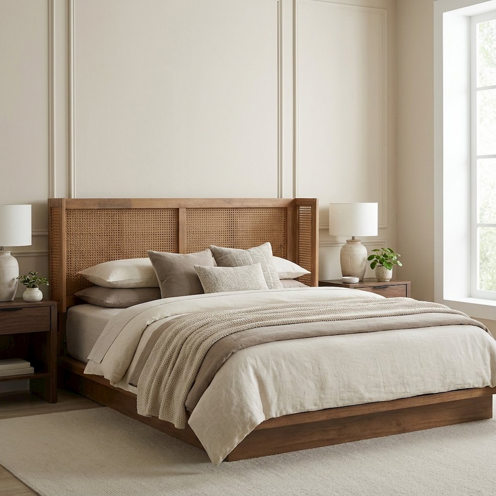 Brown Rubber Wood King Size Headboard with Synthetic Rattan Wrap-Around Design