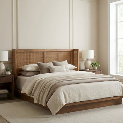 Brown Rubber Wood King Size Headboard with Synthetic Rattan Wrap-Around Design