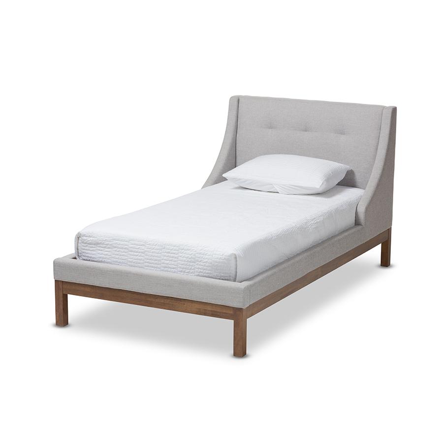 Louvain Modern and Contemporary Greyish Beige Fabric Upholstered Walnut-Finished Twin Sized Platform Bed