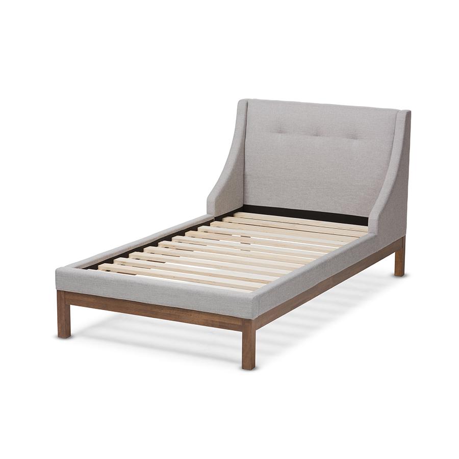 Louvain Modern and Contemporary Greyish Beige Fabric Upholstered Walnut-Finished Twin Sized Platform Bed