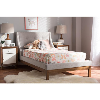 Louvain Modern and Contemporary Greyish Beige Fabric Upholstered Walnut-Finished Twin Sized Platform Bed