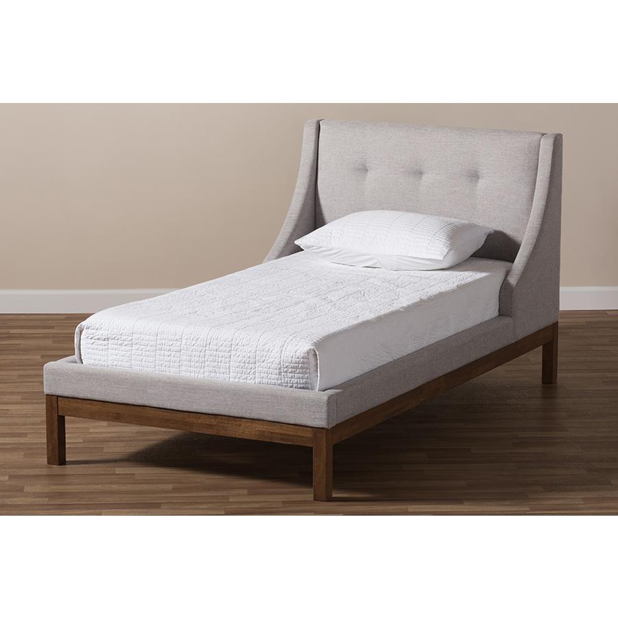 Louvain Modern and Contemporary Greyish Beige Fabric Upholstered Walnut-Finished Twin Sized Platform Bed
