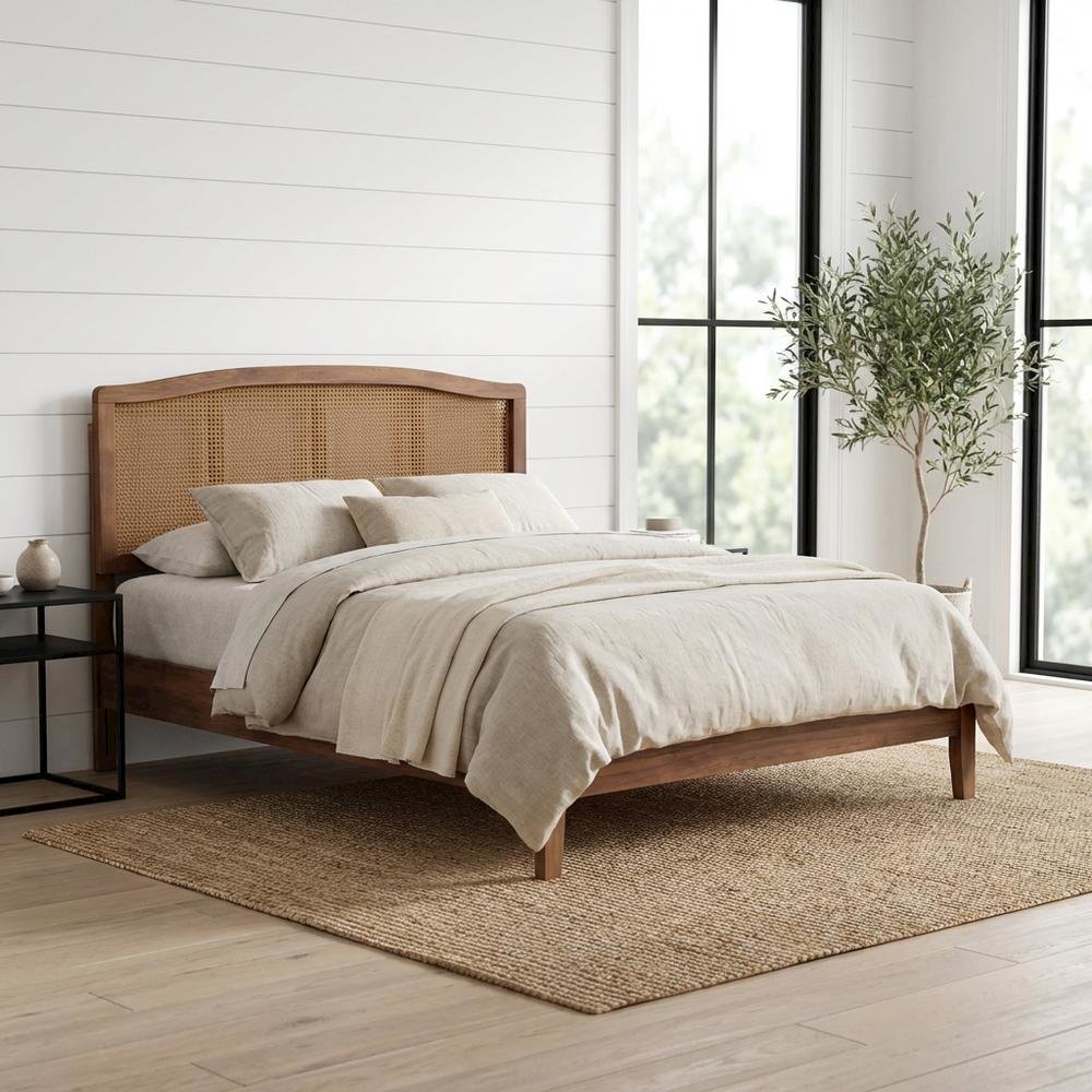 Mid-Century Modern Ash Wood Headboard with Synthetic Rattan Accent