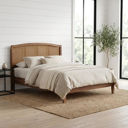 Mid-Century Modern Ash Wood Headboard with Synthetic Rattan Accent