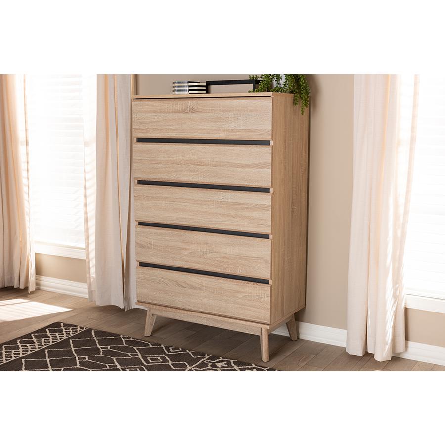 Miren Mid-Century Modern Light Oak and Dark Grey 5-Drawer Chest