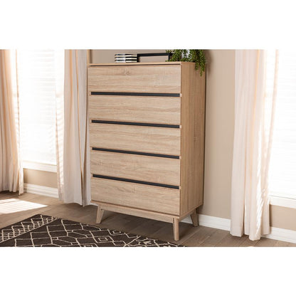Miren Mid-Century Modern Light Oak and Dark Grey 5-Drawer Chest