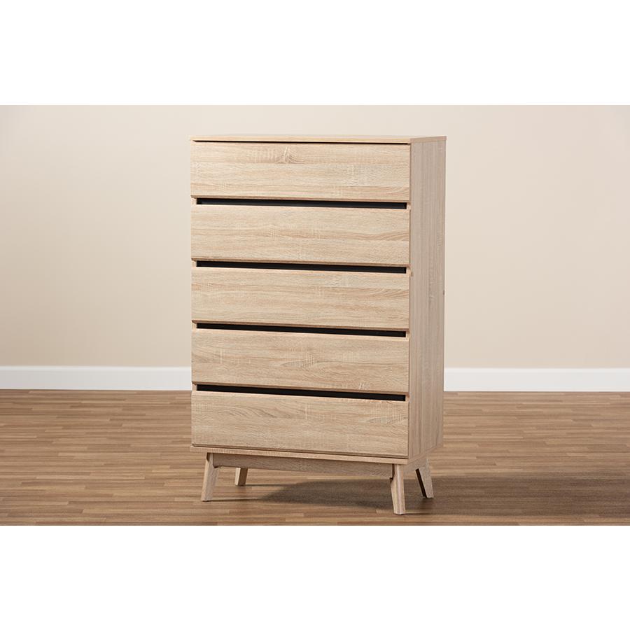 Miren Mid-Century Modern Light Oak and Dark Grey 5-Drawer Chest
