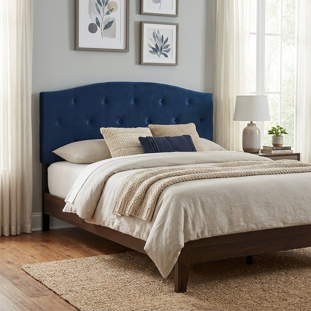 Navy Blue Velvet Upholstered Queen Headboard, Button Tufting, Foam Padding