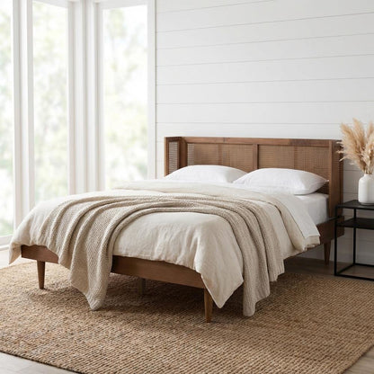 Mid-Century Full Size Platform Bed with Headboard in Ash Walnut Finish