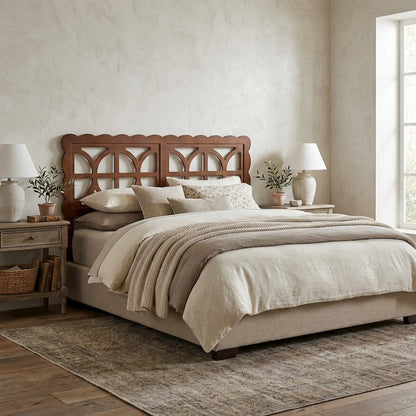 Wood Full Headboard Walnut Brown, Scalloped Frame, Geometric Cutout Panel