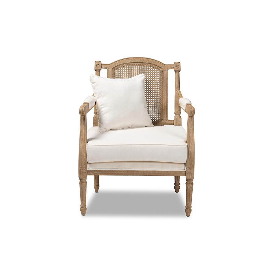 Baxton Studio Clemence French Provincial Ivory Fabric Upholstered Whitewashed Wood Armchair