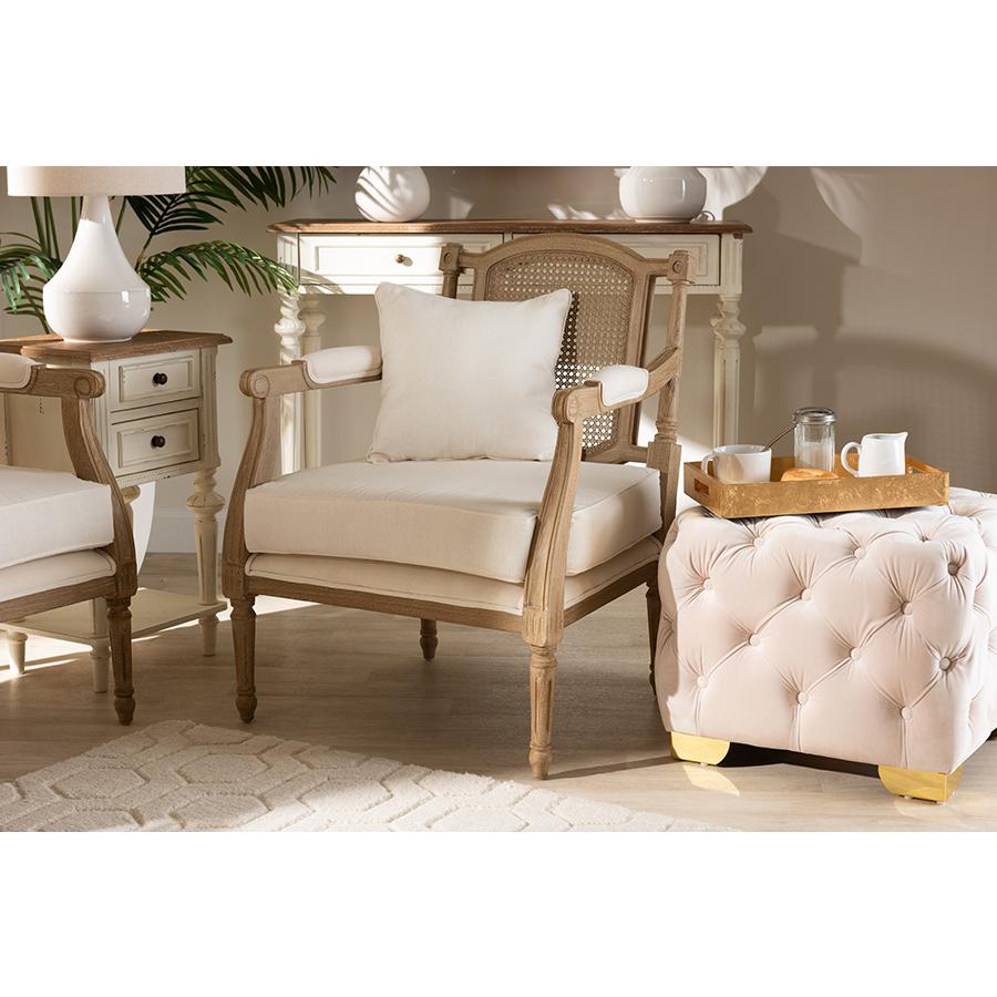 Baxton Studio Clemence French Provincial Ivory Fabric Upholstered Whitewashed Wood Armchair