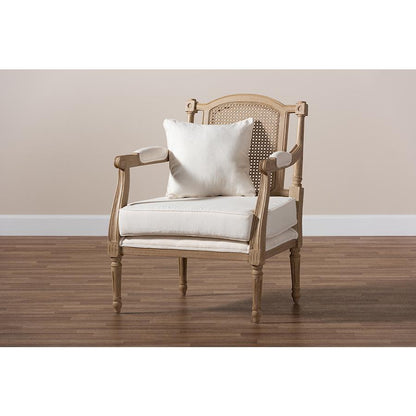 Baxton Studio Clemence French Provincial Ivory Fabric Upholstered Whitewashed Wood Armchair