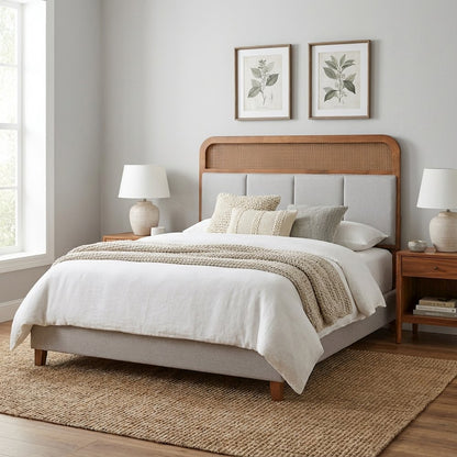 Light Grey Fabric King Size Headboard with Rubber Wood Frame and Rattan Accents
