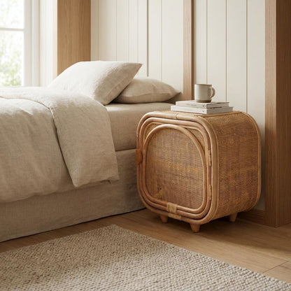 Bohemian Rattan and Mahogany Nightstand with Elegant Finish