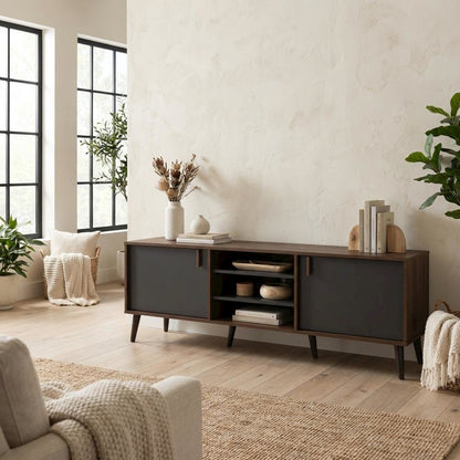 Mid-Century Modern Brown and Dark Grey TV Stand with Particle Board Finish