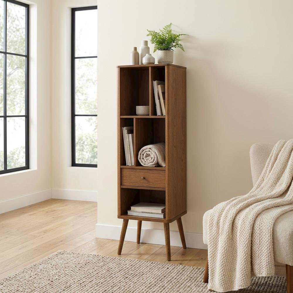 Brown 1-Drawer Sideboard Storage Cabinet with Mid-Century Design