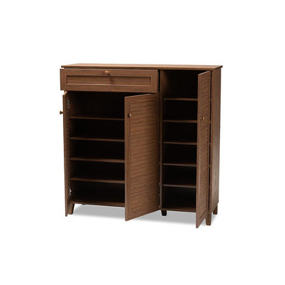 Contemporary Walnut Finish Shoe Storage Cabinet with 11 Shelves and Drawer