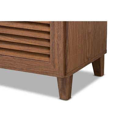 Contemporary Walnut Finish Shoe Storage Cabinet with 11 Shelves and Drawer