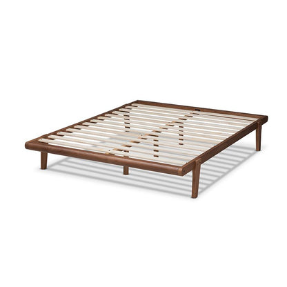 Mid-Century Full Size Platform Bed Frame in Brown, Rubberwood Construction