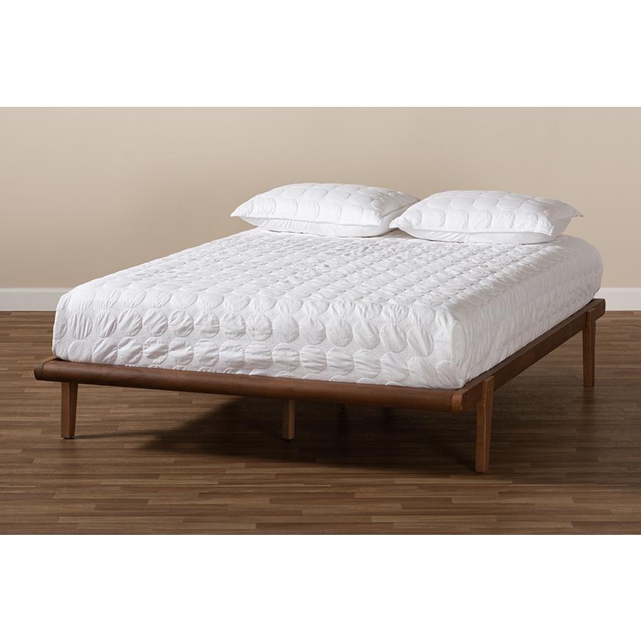 Mid-Century Full Size Platform Bed Frame in Brown, Rubberwood Construction