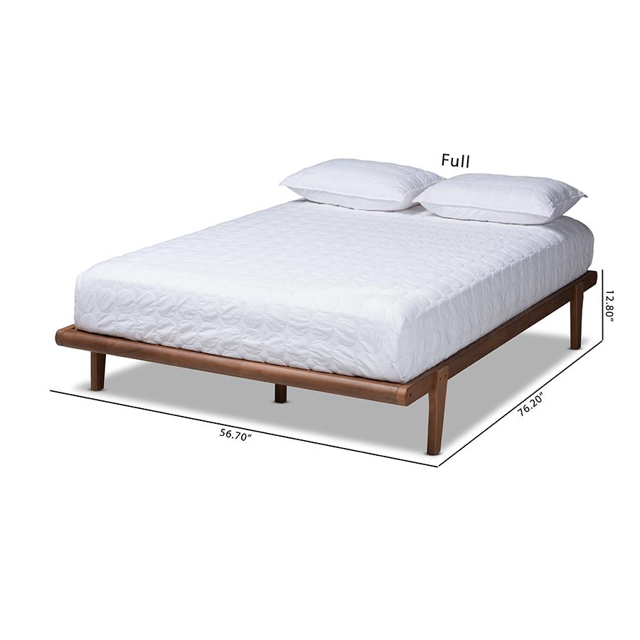 Mid-Century Full Size Platform Bed Frame in Brown, Rubberwood Construction