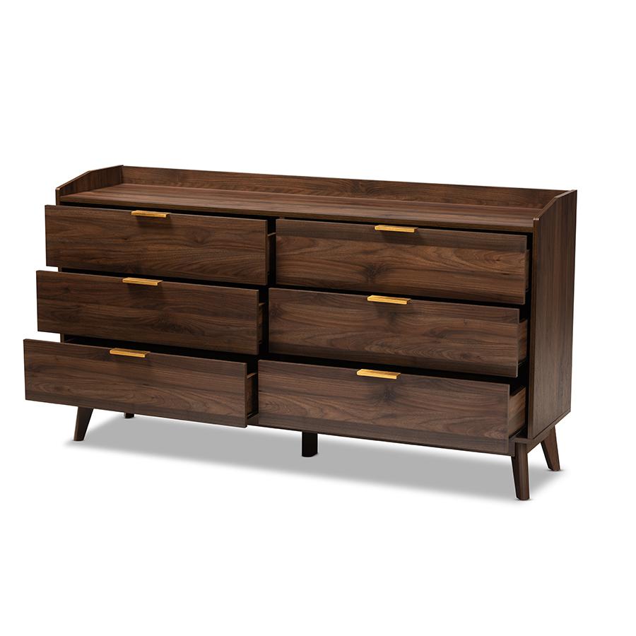 Baxton Studio Lena Mid-Century Modern Walnut Brown Finished 6-Drawer Wood Dresser