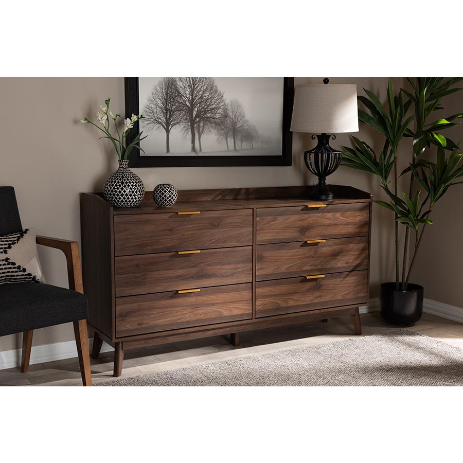 Baxton Studio Lena Mid-Century Modern Walnut Brown Finished 6-Drawer Wood Dresser