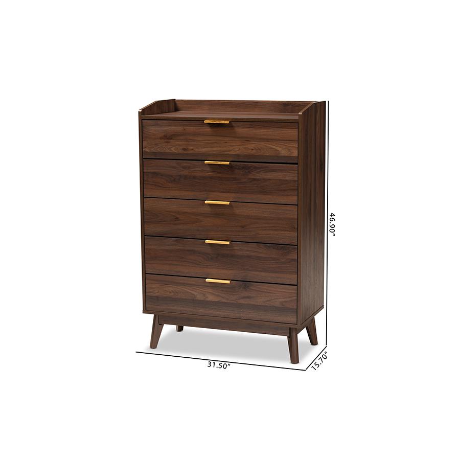 Baxton Studio Lena Mid-Century Modern Walnut Brown Finished 5-Drawer Wood Chest
