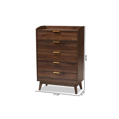 Baxton Studio Lena Mid-Century Modern Walnut Brown Finished 5-Drawer Wood Chest