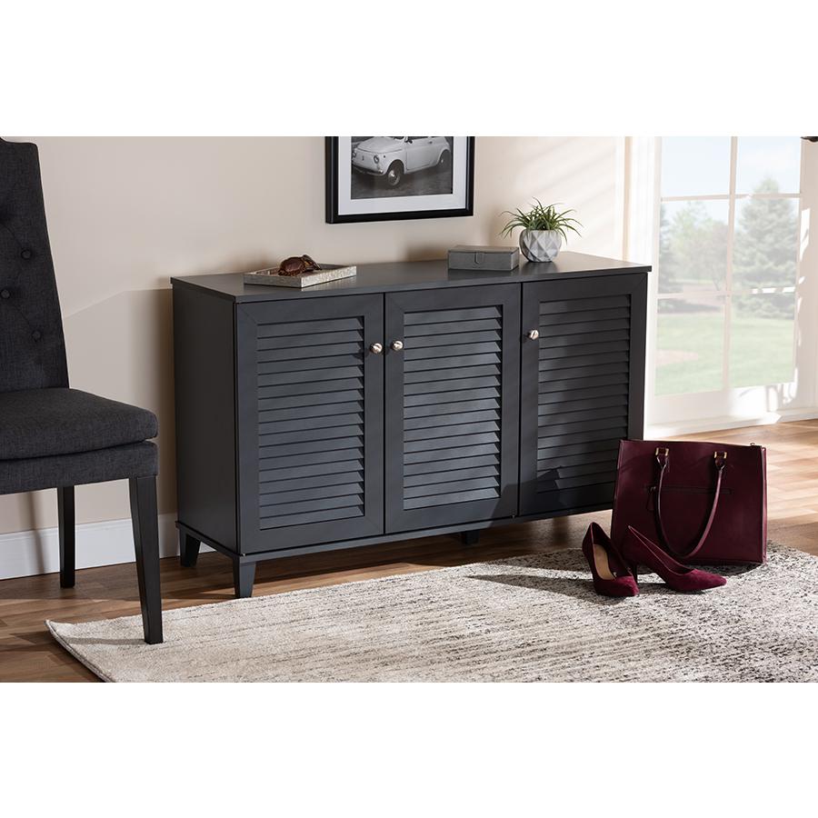 Dark Grey shoe storage cabinet with 8 shelves and engineered wood construction
