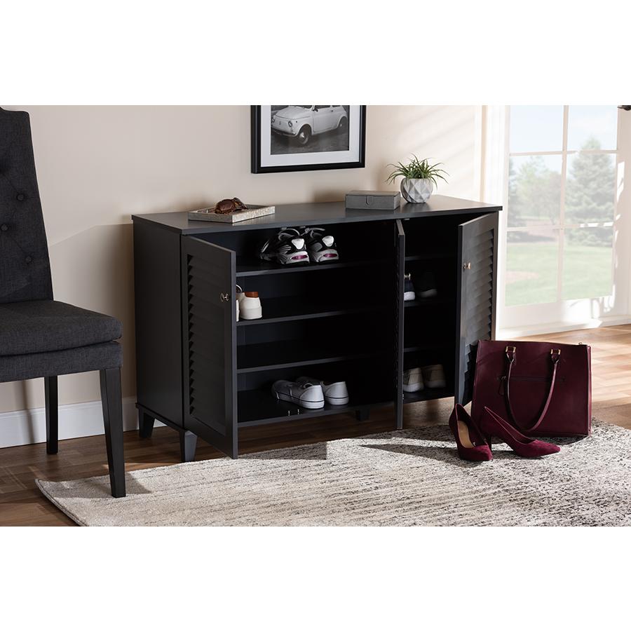 Dark Grey shoe storage cabinet with 8 shelves and engineered wood construction