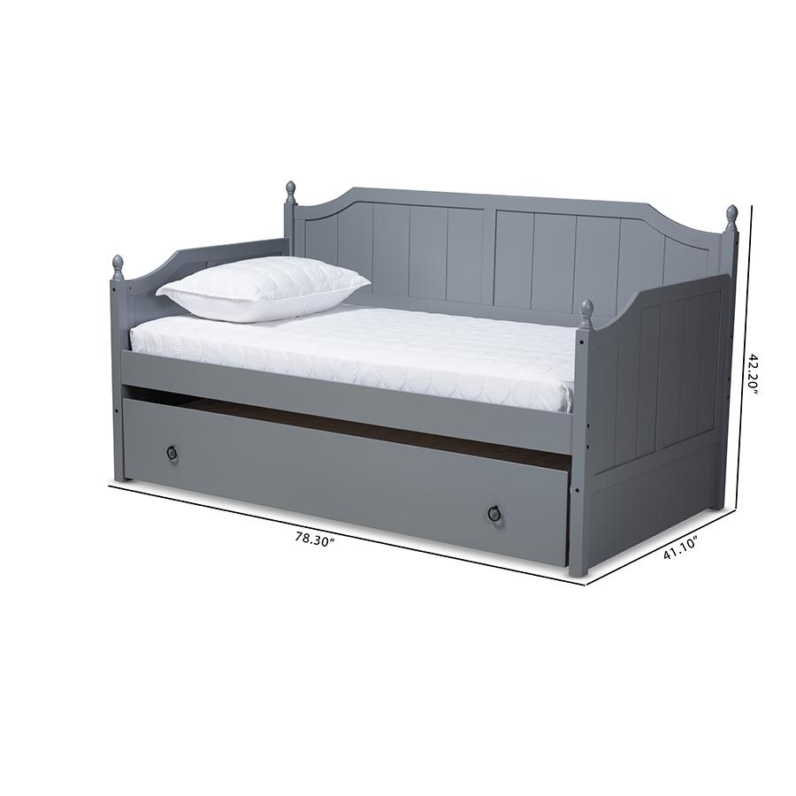 Grey finish wood twin size daybed with trundle, rustic style, sturdy frame