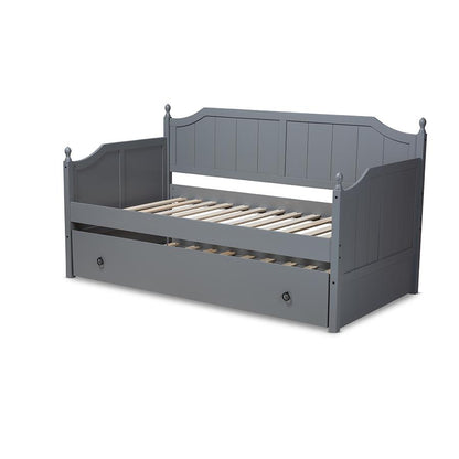 Grey finish wood twin size daybed with trundle, rustic style, sturdy frame