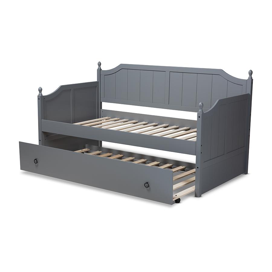 Grey finish wood twin size daybed with trundle, rustic style, sturdy frame