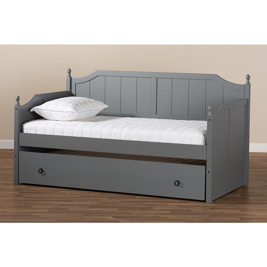 Grey finish wood twin size daybed with trundle, rustic style, sturdy frame