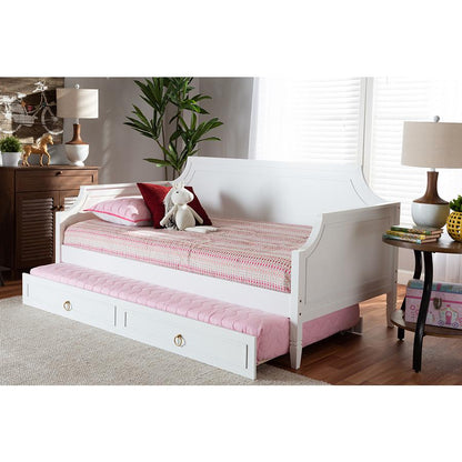 Traditional White Twin Daybed with Trundle, Pinewood Frame, Stylish Design