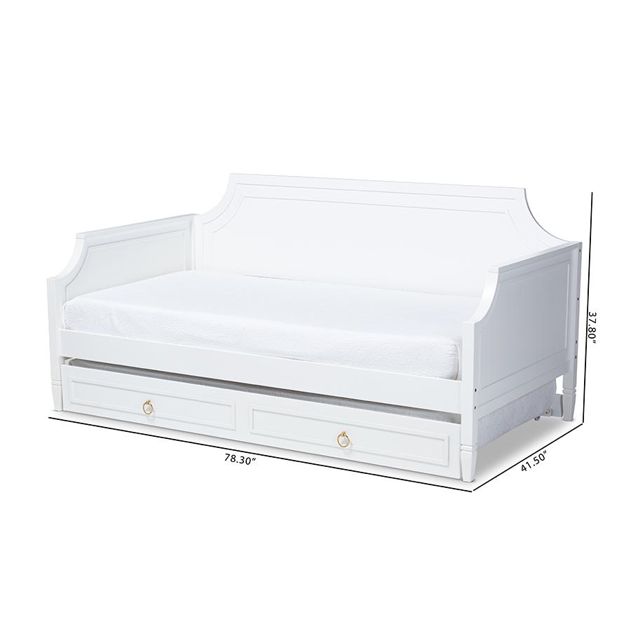 Traditional White Twin Daybed with Trundle, Pinewood Frame, Stylish Design