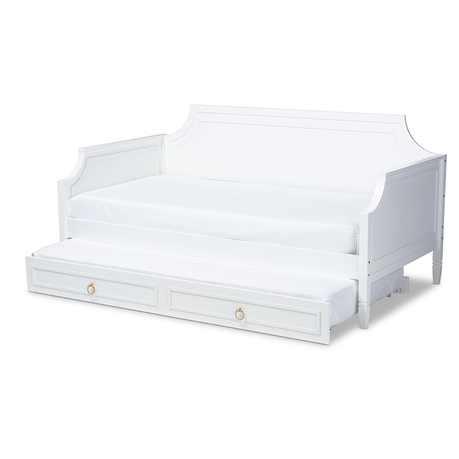 Traditional White Twin Daybed with Trundle, Pinewood Frame, Stylish Design