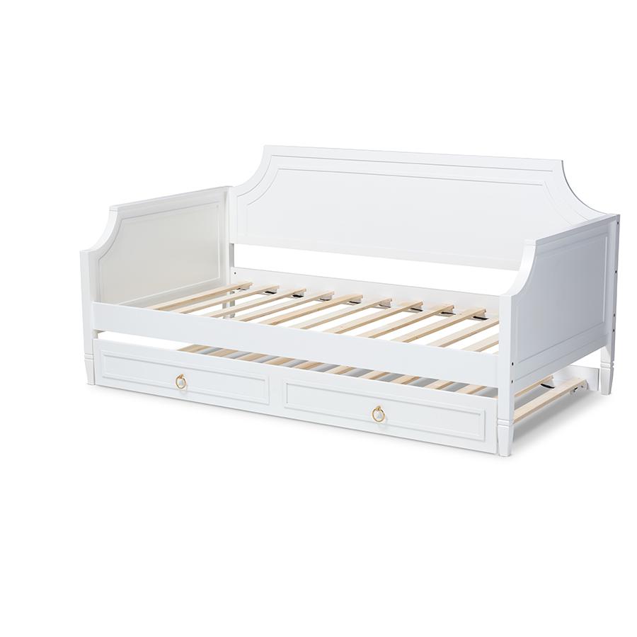 Traditional White Twin Daybed with Trundle, Pinewood Frame, Stylish Design