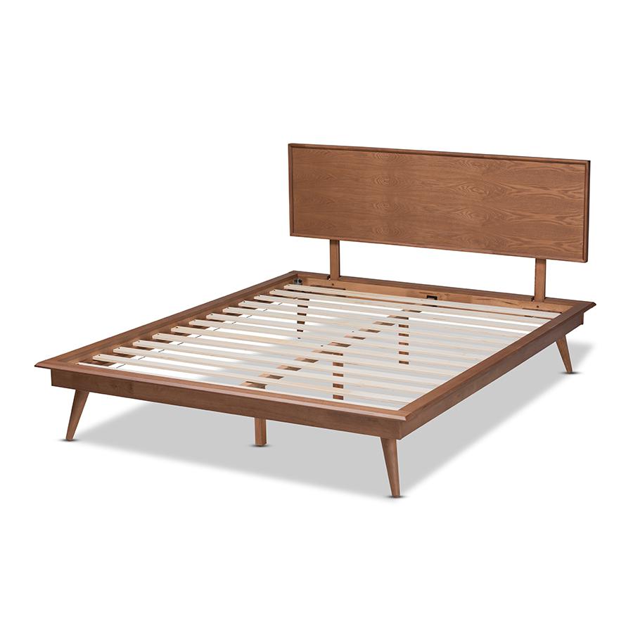 Mid-Century Full Size Platform Bed with Walnut Finish and Rubberwood Frame